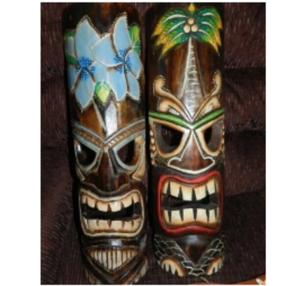 Hand Crafted Polynesian Hawaiian Style Painted 19.5 " Tiki Masks X2 🆕📦🏃🏻💨🚚 - Picture 7 of 16